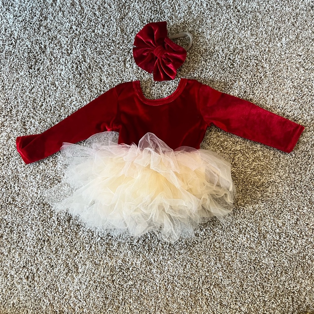 Baby Girl Holiday Christmas Red velvet and cream Tutu with Headband
